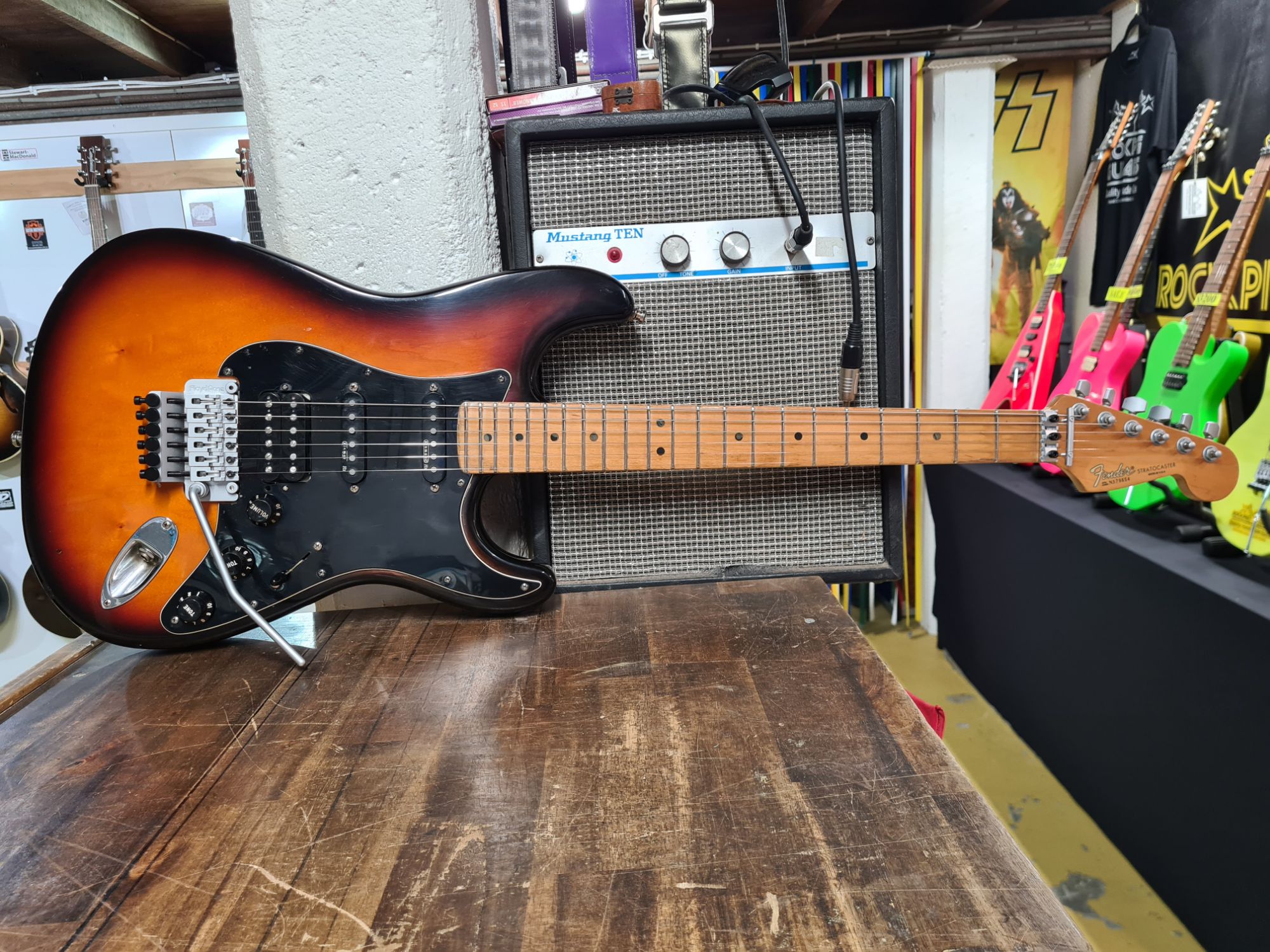 1993 Fender Strat Refretted w/ #6150 Frets. One of our Custom Wound Stratobucker Humbuckers Installed, Also we installed a Top Mounted USA Floyd Rose Trem System!